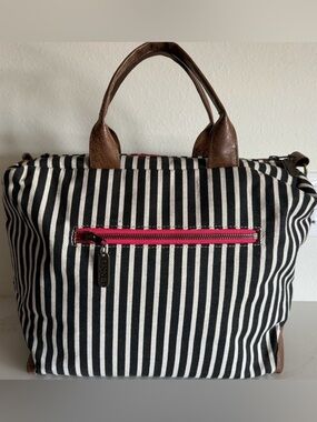 Rebekah Scott Poppi Pro Black White Stripe Pink Zip Handbag Travel Tote Bag